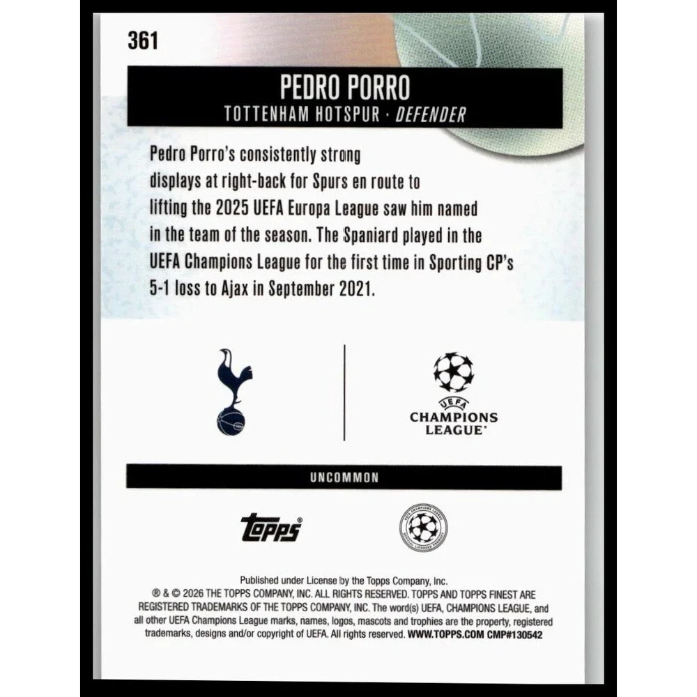 2025-26 Finest UEFA Pedro Porro #361 Tottenham Hotspur Uncommon